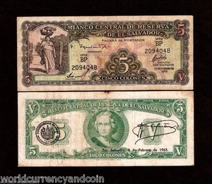 EL SALVADOR 5 COLONES P102 1962 WOMAN RARE LATINO AMERICA MONEY BILL BANK NOTE - Picture 1 of 3