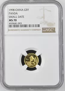 China 1998 5 Yuan 1/20 oz 999 Gold Panda coin NGC MS70 -Key Date & Perfect Grade - Picture 1 of 4