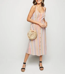 NEW LOOK MULTI STRIPE BUTTON FRONT DETAIL COTTON DRESS SUMMER HOLIDAY LOOK UK 8 - Picture 1 of 5