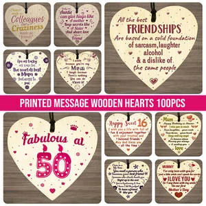Lote de 100 piezas de 10 cm Impreso Madera Colgante Corazón Placa Recuerdo - Imagen 1 de 20