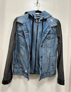 BlankNYC Women Denim Jacket Hood Distressed Grunge size S *Flaws Sleeves - Picture 1 of 13