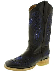 Stivali donna rodeo punta quadrata nero blu cuore ali Bota Mujer taglia 4,5, 6,5, 7 - Foto 1 di 5