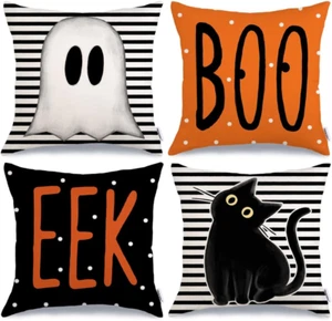 GEEORY Halloween Pillow Covers 18 X 18 Inch Set of 4, Striped Polka Dot Spooky G - Picture 1 of 12