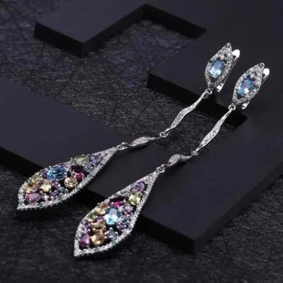 Natural Topaz Amethyst Garnet Peridot Citrine 925 Sterling Silver Drop Earrings - Image 1 of 4