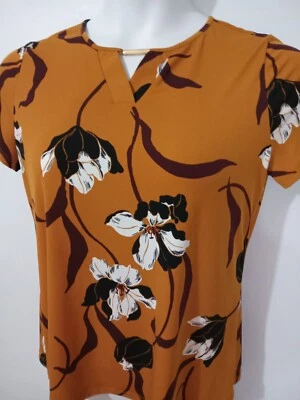 Liz Claiborne Career Women's Petite Medium Short Sleeve Shirt Rust Orange Floral - Image 1 of 4
