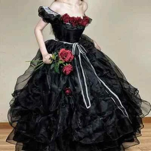 Gothic Black 3D Flowers Wedding Dresses Off The Shoulder Princess Bridal Gowns - Picture 1 of 11