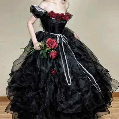 Gothic Black 3D Flowers Wedding Dresses Off The Shoulder Princess Bridal Gowns - Image 1 of 4