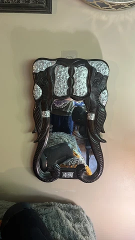 INTRICATELY CARVED  Wood Double ELEPHANT MIRROR with Metal  Accents,VINTAGE RARE Cover