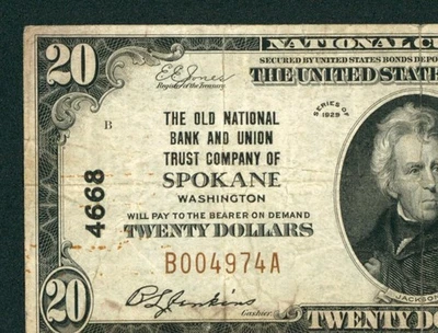 Spokane - (4 dígitos) $20 1929 Moneda Nacional ** SUBASTAS DIARIAS DE DIVISAS Foto 1 de 3