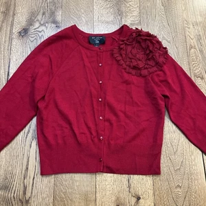 St. John Strick Woll Cardigan Pullover mit Blumenverzierung Rot USA, Damen M - Bild 1 von 8