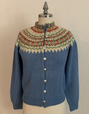 Cárdigan suéter tejido a mano vintage para esquí talla S Fair Isle azul marfil verde rojo Foto 1 de 4