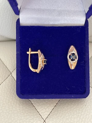 14K pink/rose gold earrings with natural blue sapphires diamonds Girl Kid Size - Image 1 of 4