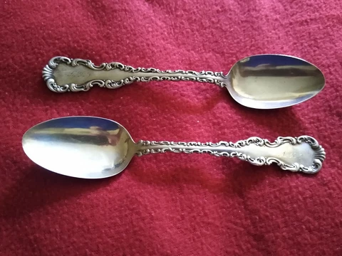 2 WHITING Sterling Silver "LOUIS XV" 6 3/4" oval soup/place spoons 1891 w/ Mono Cover