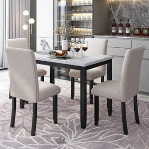 5-Pc Faux Marble Dining Set Table w/4 Thicken Cushion Chairs Home Furniture - Picture 1 of 12