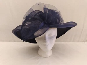 MR HI'S LADIES NAVY BLUE VELVET WOOL FELT WIDE BRIM FORMAL DRESS CHURCH HAT WITH - Picture 1 of 20