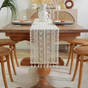 Corredor de mesa beige encaje mezclado algodón tela con borla para decoración de mesa de centro - Imagen 1 de 19