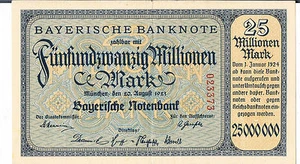 GERMANY BANKNOTE Bayerische Notenbank 25 million S933 1923 GEF tiny border nick - Picture 1 of 2