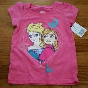 Disney Frozen Pink Girls Tee Shirt Top Elsa Anna Sisters Heart Love Valentines - Picture 1 of 2
