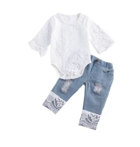 Infant Baby Girl Romper Bodysuit Long Sleeve/Denim Pants Outfits Blue-3/6 Months - Picture 1 of 1