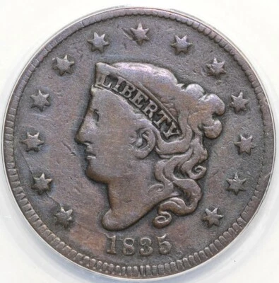 1835 1c N-4 Matron Head Large Cent ANACS VG 10 Details Cleaned - Image 1 of 4