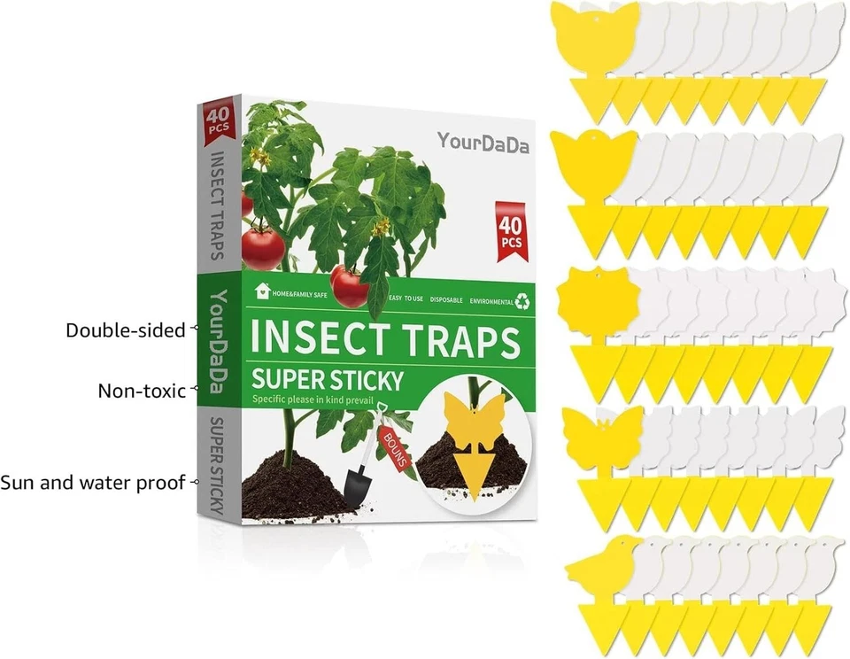 40 piezas 5 formas amarillas trampas extremadamente pegajosas para mosquito hongo, mosca de la fruta Foto 1 de 4