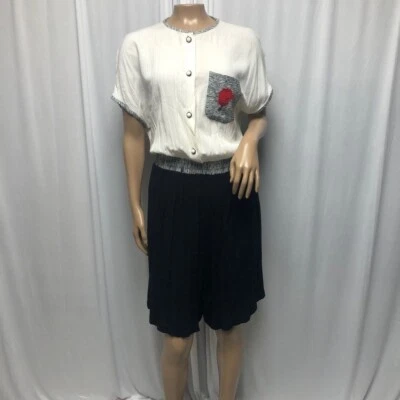 Russ Petites Black White Shorts Romper Womens Size 14 Button Front USA Vintage - Image 1 of 4