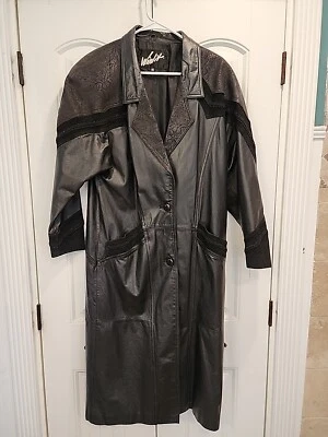 Winlit Womens Leather Paisley Vintage 80s Trench Coat Oversized Size M Black - Image 1 of 4