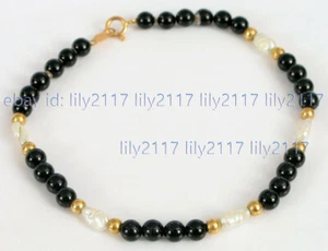 8MM BLACK ONYX GEMS ROUND BEADS WHITE FRESHWATER PEARL BRACELET 7.5'' - Picture 1 of 3