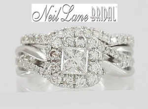 Neil Lane 14K Princess Diamond Double Halo Crossover 1 ct Engagement Ring Set - Picture 1 of 8