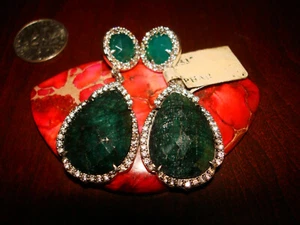 Amazing Vintage Sterling Silver & NATURAL Green Gemstone Earrings925 Retail $530 - Picture 1 of 7