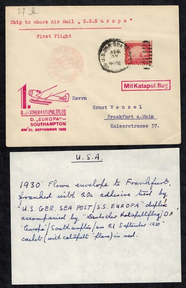 Catapult Mail Cover Sept 17, 1930 Southampton to Frankfurt, Germany - Image 1 of 2