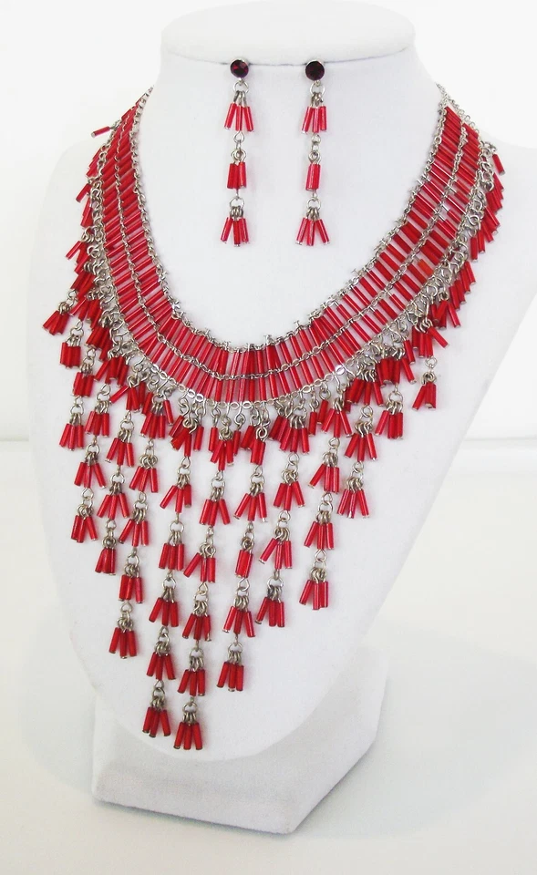 DESIGNER INSPIRED RED CRYSTAL ACRYLIC BEAD CHEVRON HANDMADE NECKLACE JEWELRY SET - Image 1 of 4