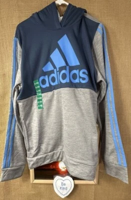 NWT Adidas youth hoodie fleece regular fit blue/gray XL 18-20 pockets pullover T - Image 1 of 4