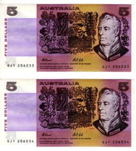 1991 Australian Fraser/Cole $5 Paper Banknote - Running Pairs - QJY - Foto 1 di 2