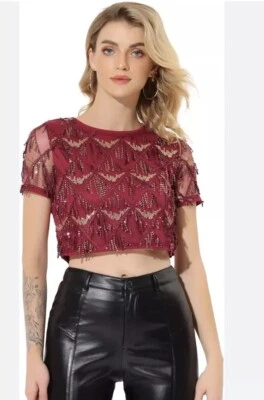 Women’s Allegra Festive Crop Top XL Cranberry Color With Sequin Glitter Beading - Image 1 of 4