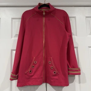 Quacker Factory Pink Full Zip Jacket Knit Women Size L Gold Trim Rhinestones - Picture 1 of 13