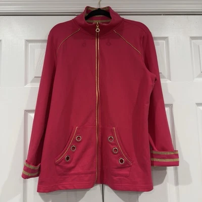 Quacker Factory Pink Full Zip Jacket Knit Women Size L Gold Trim Rhinestones - Image 1 of 4