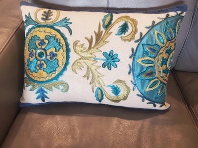 Pier1 Floral Blue Gold Embroidered Cotton Decorative Pillow 18"x 12" Farmhouse - Image 1 of 4