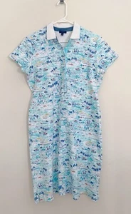 TALBOTS Scenic Santorini Pique Polo Shirt Dress Sz M Blue Short Sleeve Collared - Picture 1 of 6