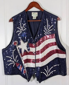 Quacker Factory Sequined Patriotic Vest Womens 1X XL USA American Flag July 4th - Picture 1 of 3