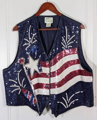 Quacker Factory Sequined Patriotic Vest Womens 1X XL USA American Flag July 4th - Image 1 of 3