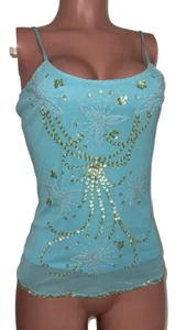 Blue Gold Beaded Sequin Mesh Embroidered Tunic Lined S Cami Top Going Out Party - Picture 1 of 3