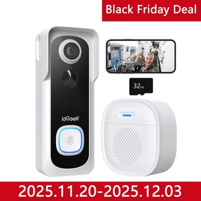 ieGeek Newly 2K HD Video Doorbell Camera Wireless with Battery Chime SD Card,UK - Image 1 of 4