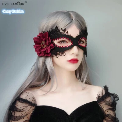 SN-B1-4 Black Lace Day of the Dead Eye Mask Red Rose Masquerade Costume Mask - Image 1 of 4