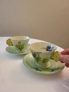 Flower Handle Green Hand Painted Teacup and Saucer Set 2 VTG - Picture 1 of 14
