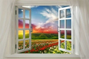 window onto FIELD OF FLOWERS scenic poster VIBRANT COLORS 20x30 red sky - Picture 1 of 1