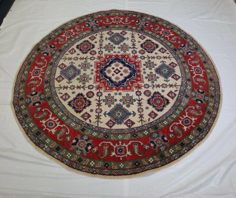 7'10" x 7'11" ft. Afghan Kazak Hand Knotted Wool Tribal Authentic Round Rug 8x8 - Image 1 of 4