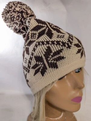 Wigwam Mills 100% Wool Ski Snow Beanie USA Brown Vtg Snowflakes Fair Isle 1980s - Image 1 of 4