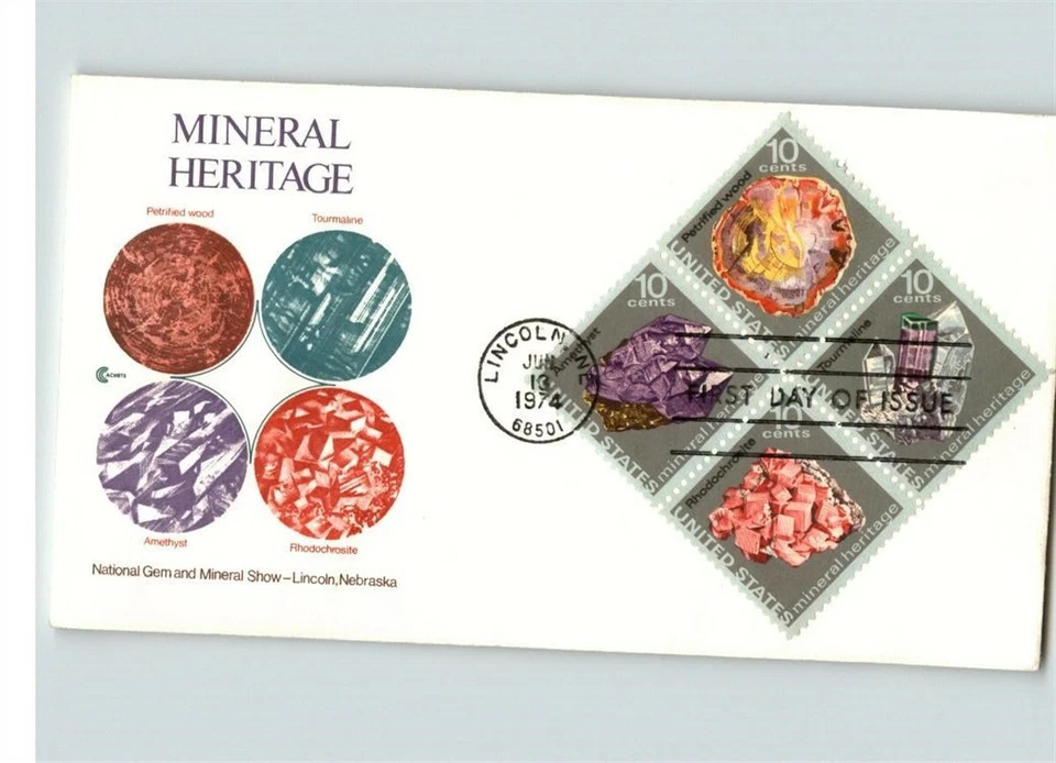 MINERALS, First Day of Issue with all 4 stamps, Amethyst, Tourmaline, Rhodochros - Image 1 of 1