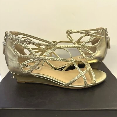 BADGLEY MISCHKA (7.5) Corinne Wedge Sandal Platino Gold Leather Braided Corrine - Image 1 of 4